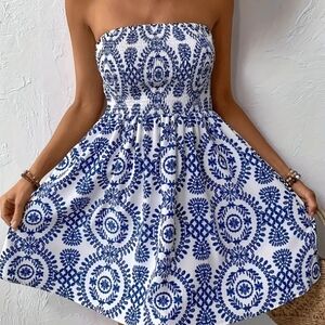Strapless Blue & White Smocked Sundress